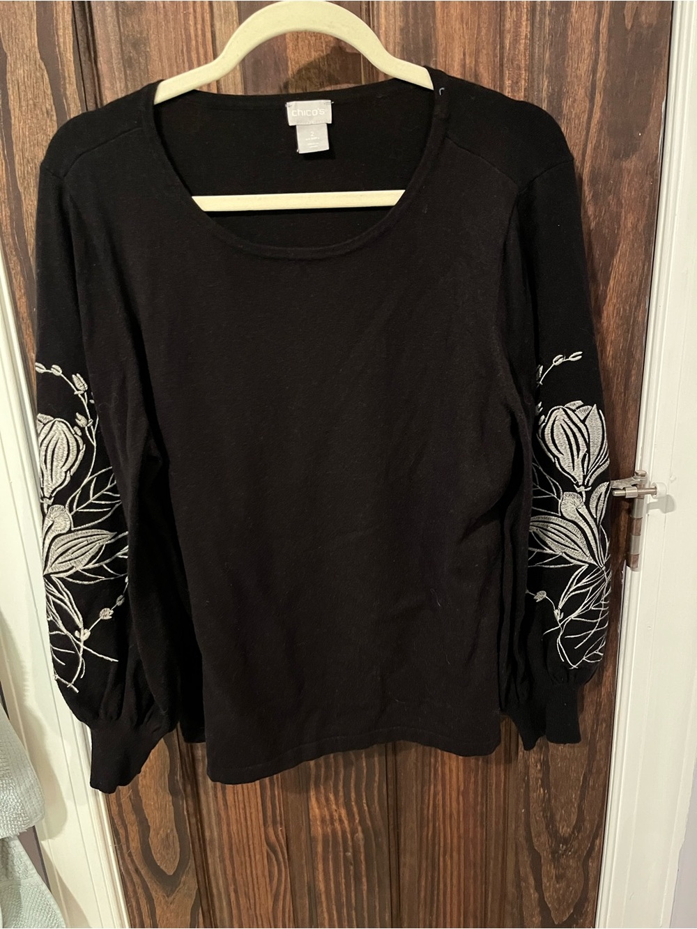 Chico's Black Long-Sleeve Embroidered Floral Sleeves Sweater